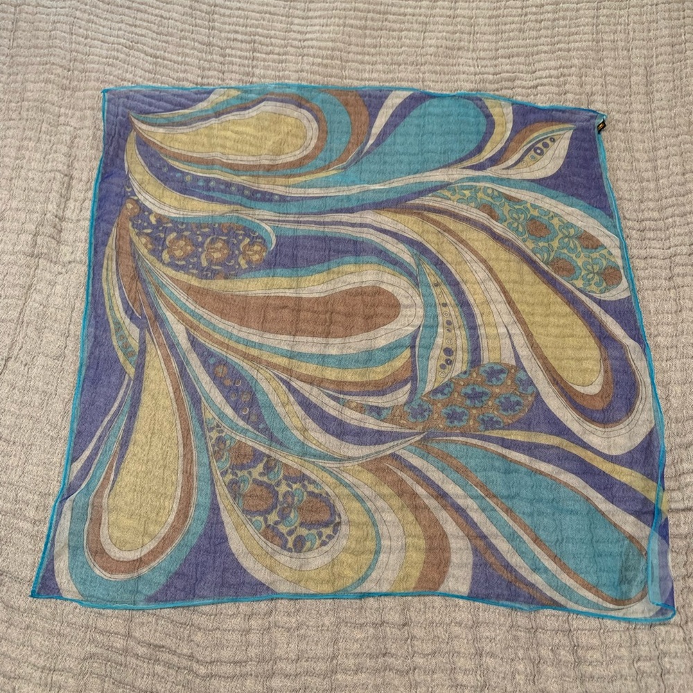 Vintage Psychedelic Paisley Scarf Blue Brown Mod Hippie Retro 60s 70s